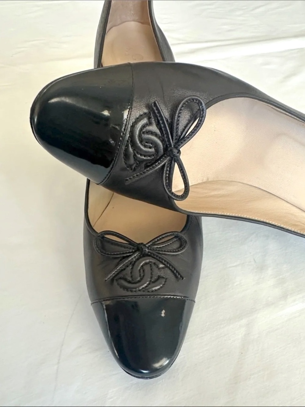 CHANEL- Classic Lambskin Leather Cap-Toe Ballerina Pump with CC Bow